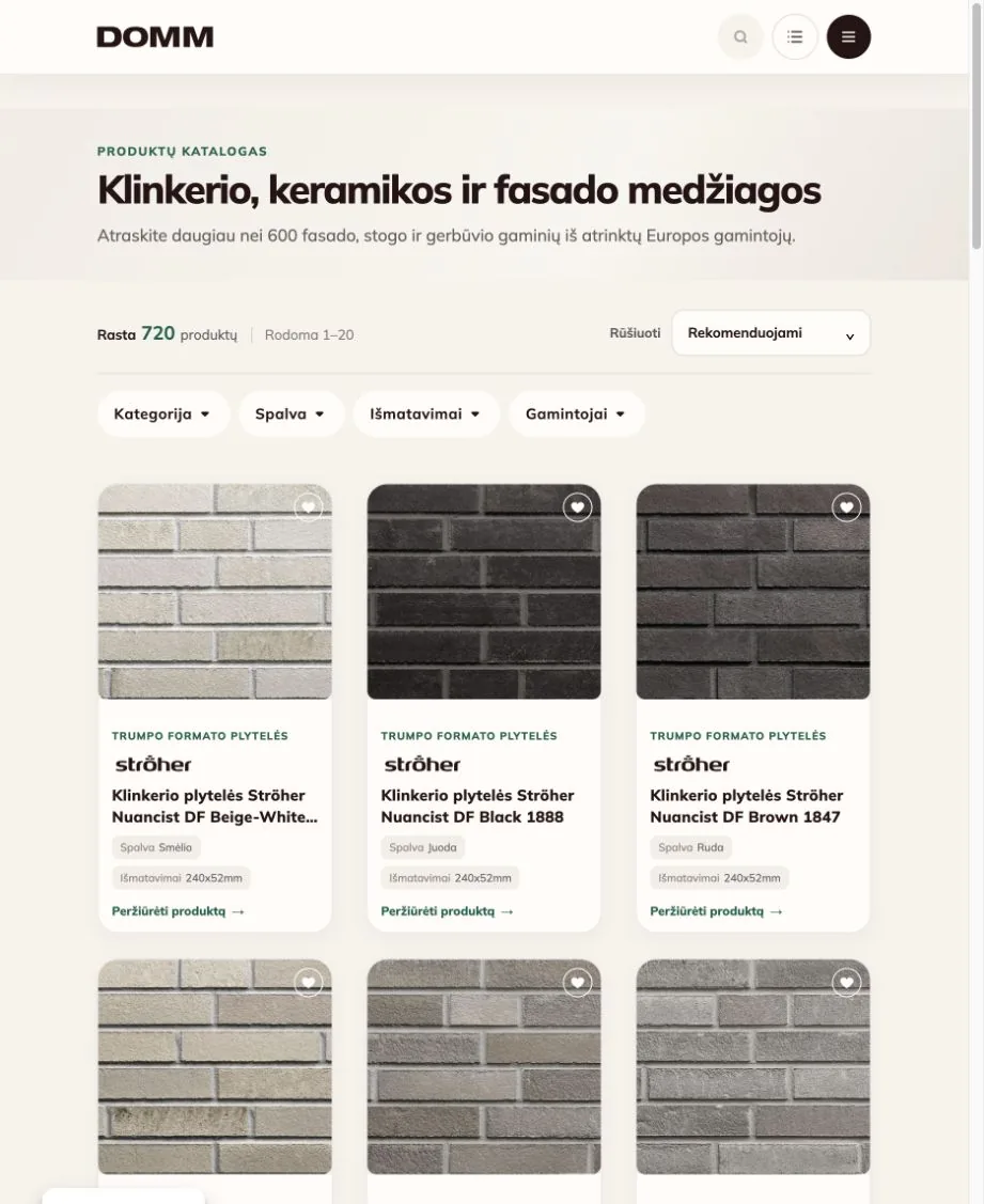 DOMM klinkerio, keramikos ir fasado medžiagų katalogas su filtrais.