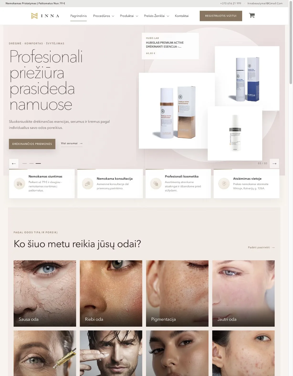 Inaskin pradinis puslapis su profesionalios odos priežiūros produktais ir odos poreikių kategorijomis.