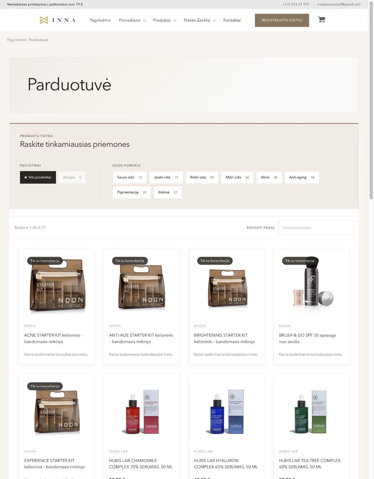 Inaskin el. parduotuvės katalogas su filtrais ir produktų kortelėmis.